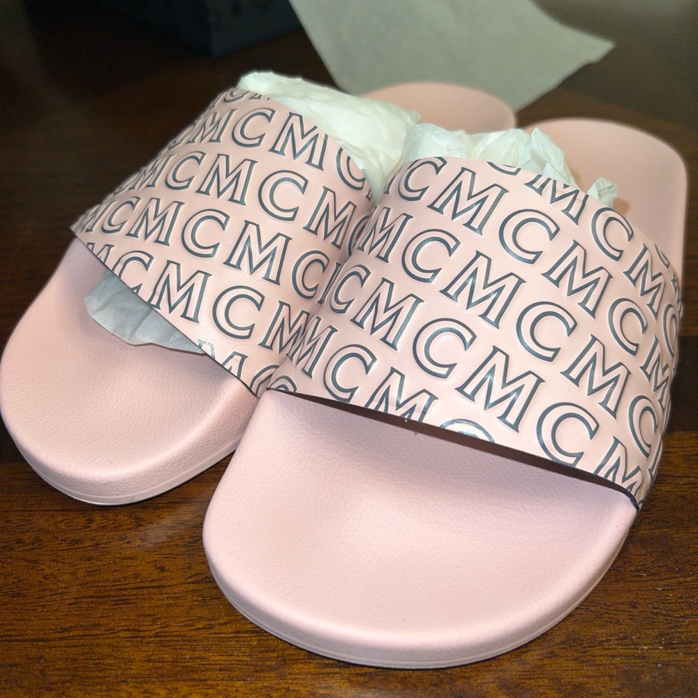 MCM Women Soft Pink Diagonal Script Slides Size 37